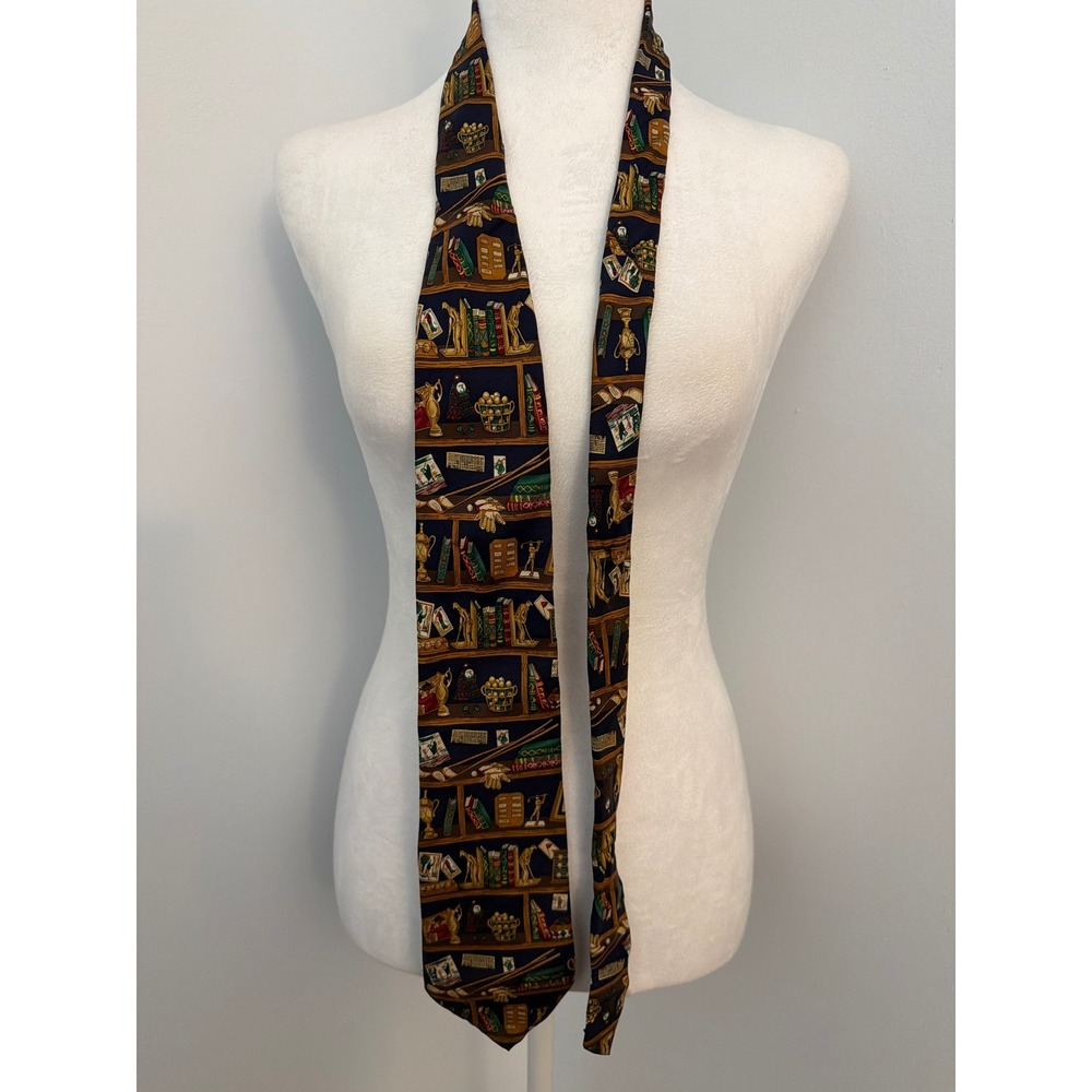 Alynn Golf Collection Mens Silk Tie Navy Blue Library Shelf Trophy Novelty USA